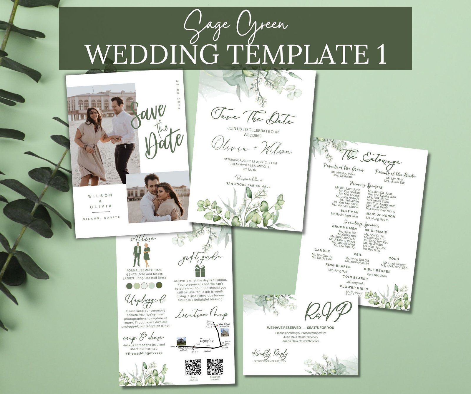 Sage Green Wedding Invitation Template (Canva Editable)