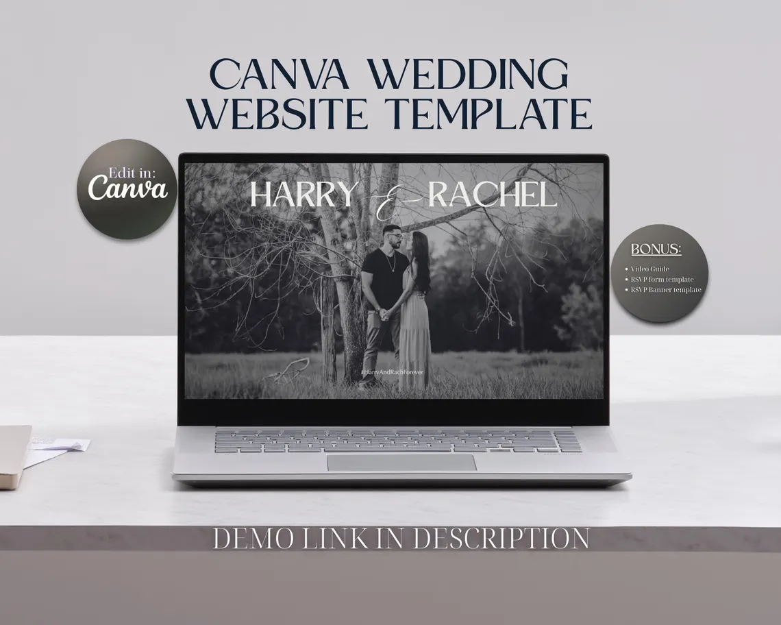 Black & White Wedding Website (Canva Editable)